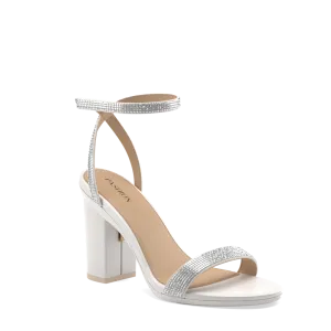 The Brenna White Leather Rhinestone   Block Heel Kit 4 White