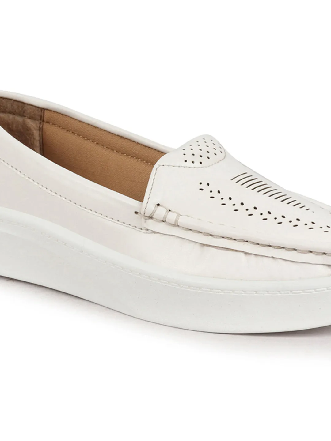 Women White Perforation Laser Cut Stitched Casual Slip On Loafer|Work|Outdoor|Slip On Shoes|Office Wear