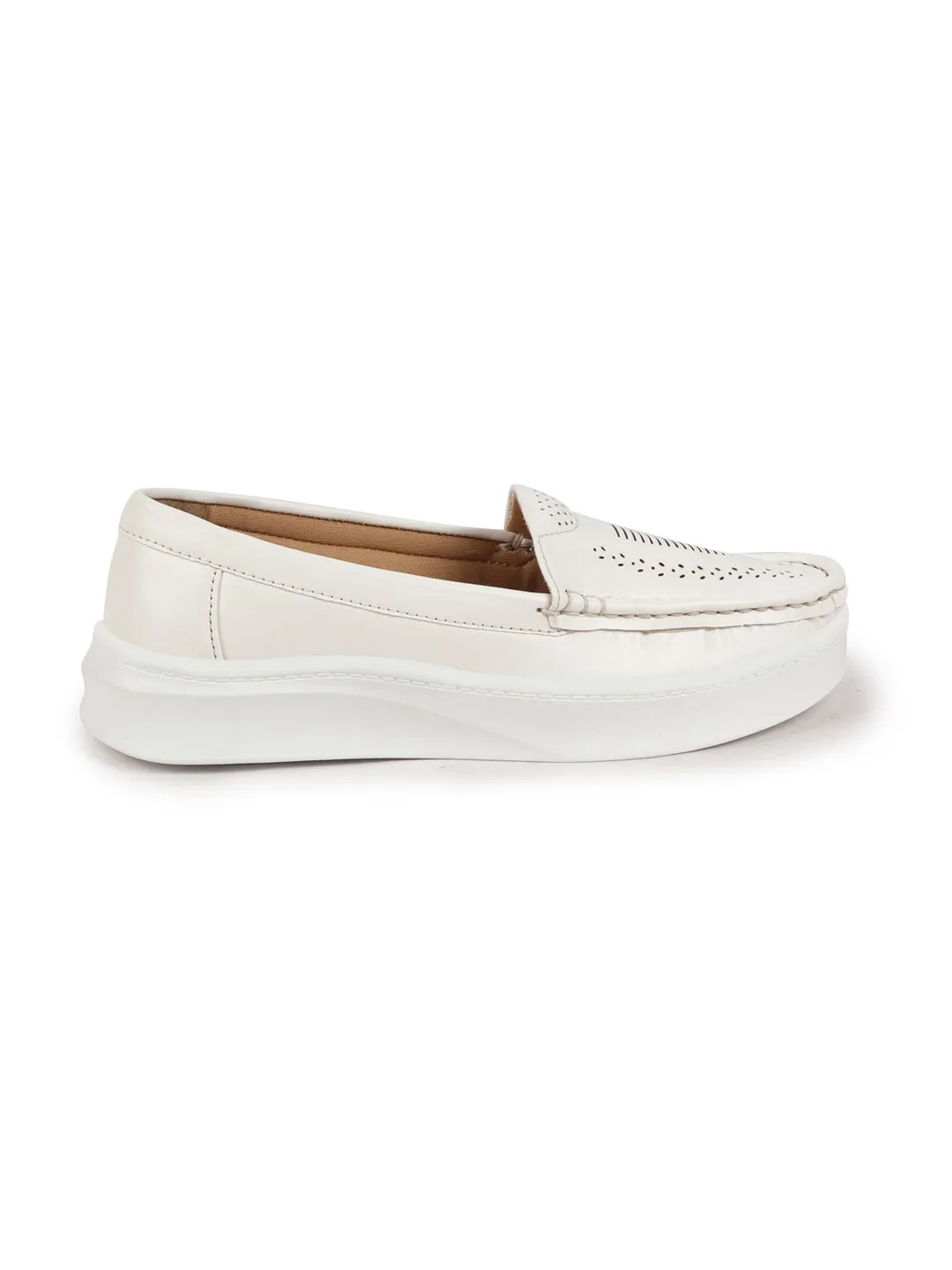 Women White Perforation Laser Cut Stitched Casual Slip On Loafer|Work|Outdoor|Slip On Shoes|Office Wear