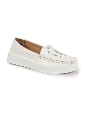 Women White Perforation Laser Cut Stitched Casual Slip On Loafer|Work|Outdoor|Slip On Shoes|Office Wear