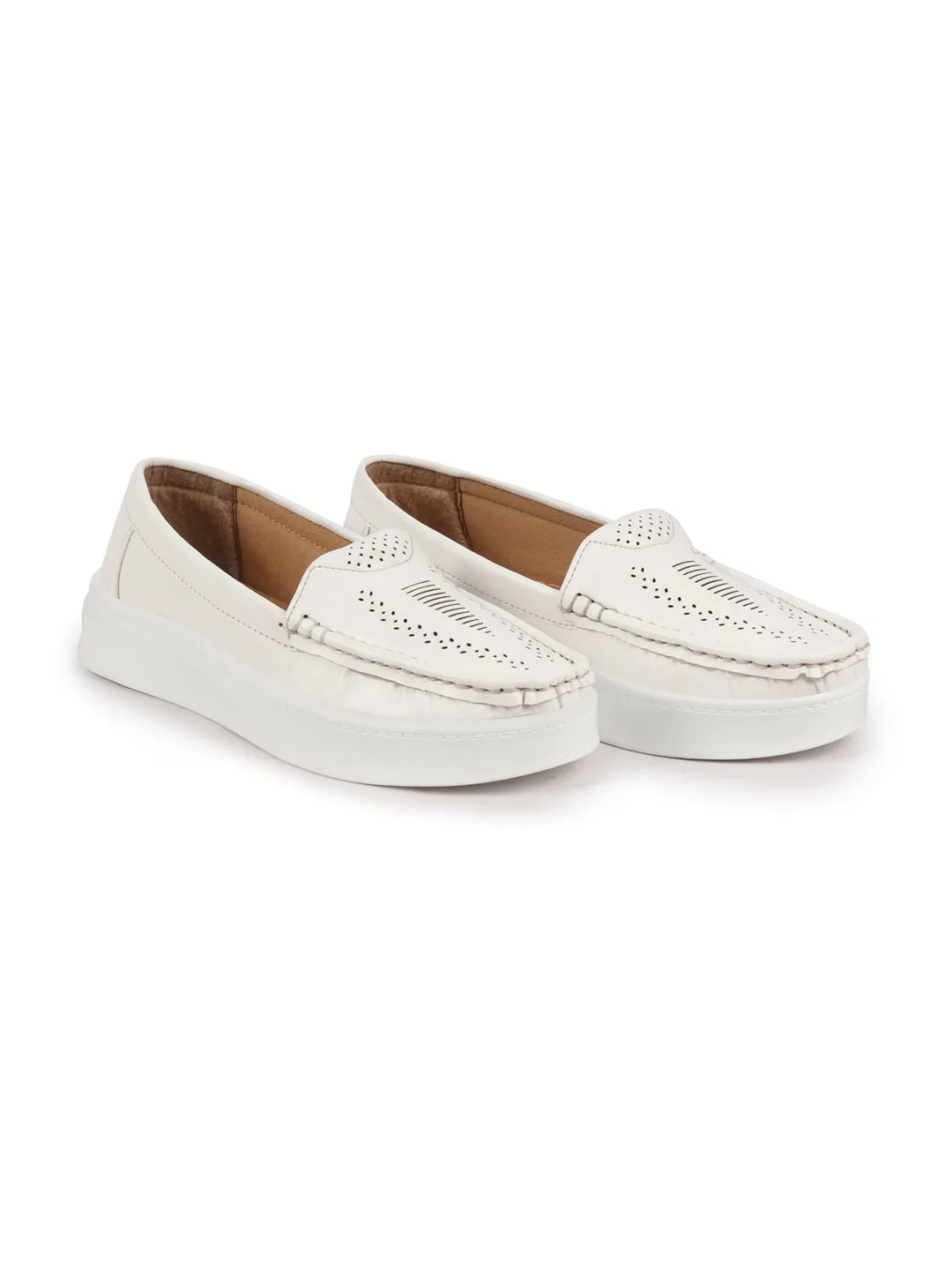 Women White Perforation Laser Cut Stitched Casual Slip On Loafer|Work|Outdoor|Slip On Shoes|Office Wear