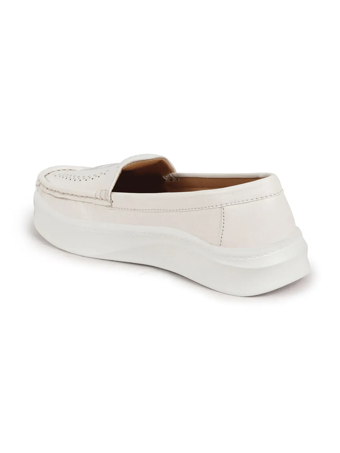 Women White Perforation Laser Cut Stitched Casual Slip On Loafer|Work|Outdoor|Slip On Shoes|Office Wear