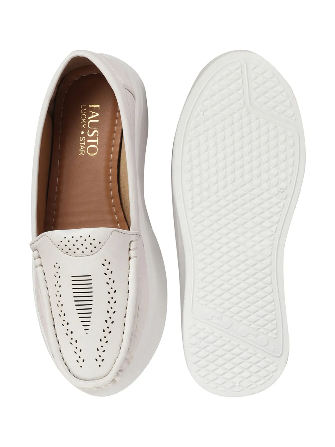 Women White Perforation Laser Cut Stitched Casual Slip On Loafer|Work|Outdoor|Slip On Shoes|Office Wear